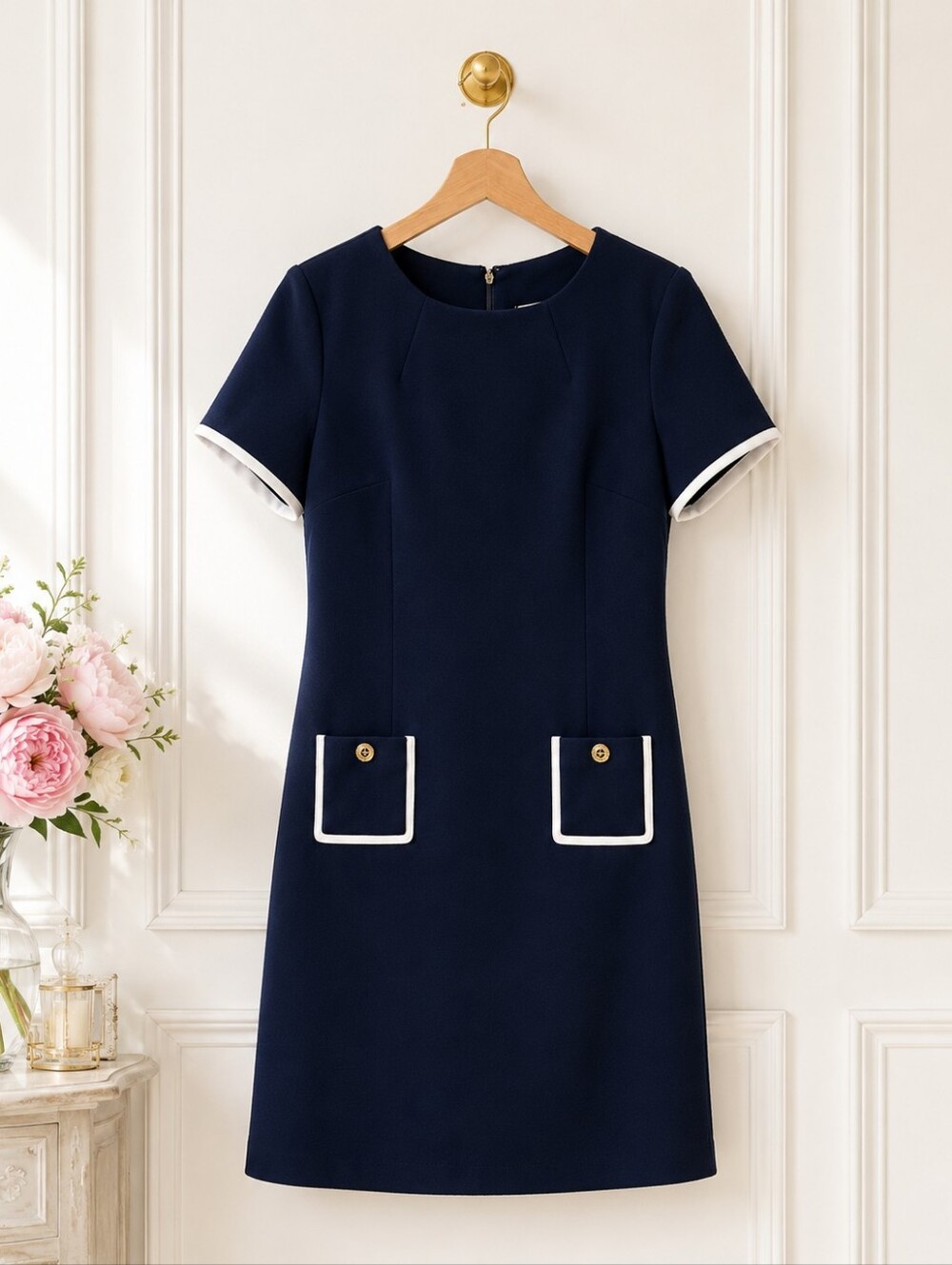 Tommy Hilfiger Navy Shift Dress | Size 8 White Trim Gold Button Pockets - Picture 6 of 11